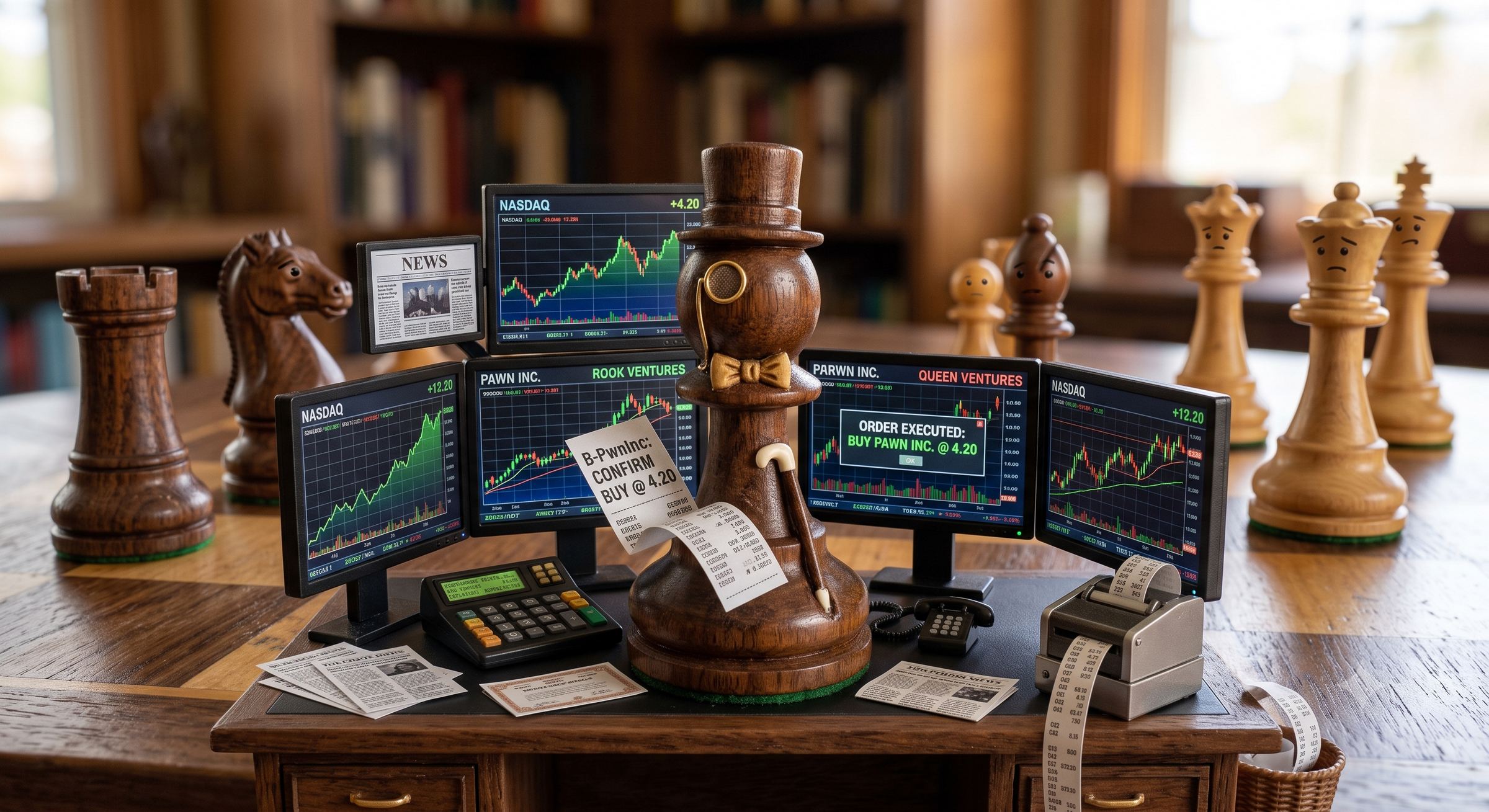 A monocled wooden pawn commands a bank of trading monitors at a chess table, surrounded by rooks, knights and uneasy queens.